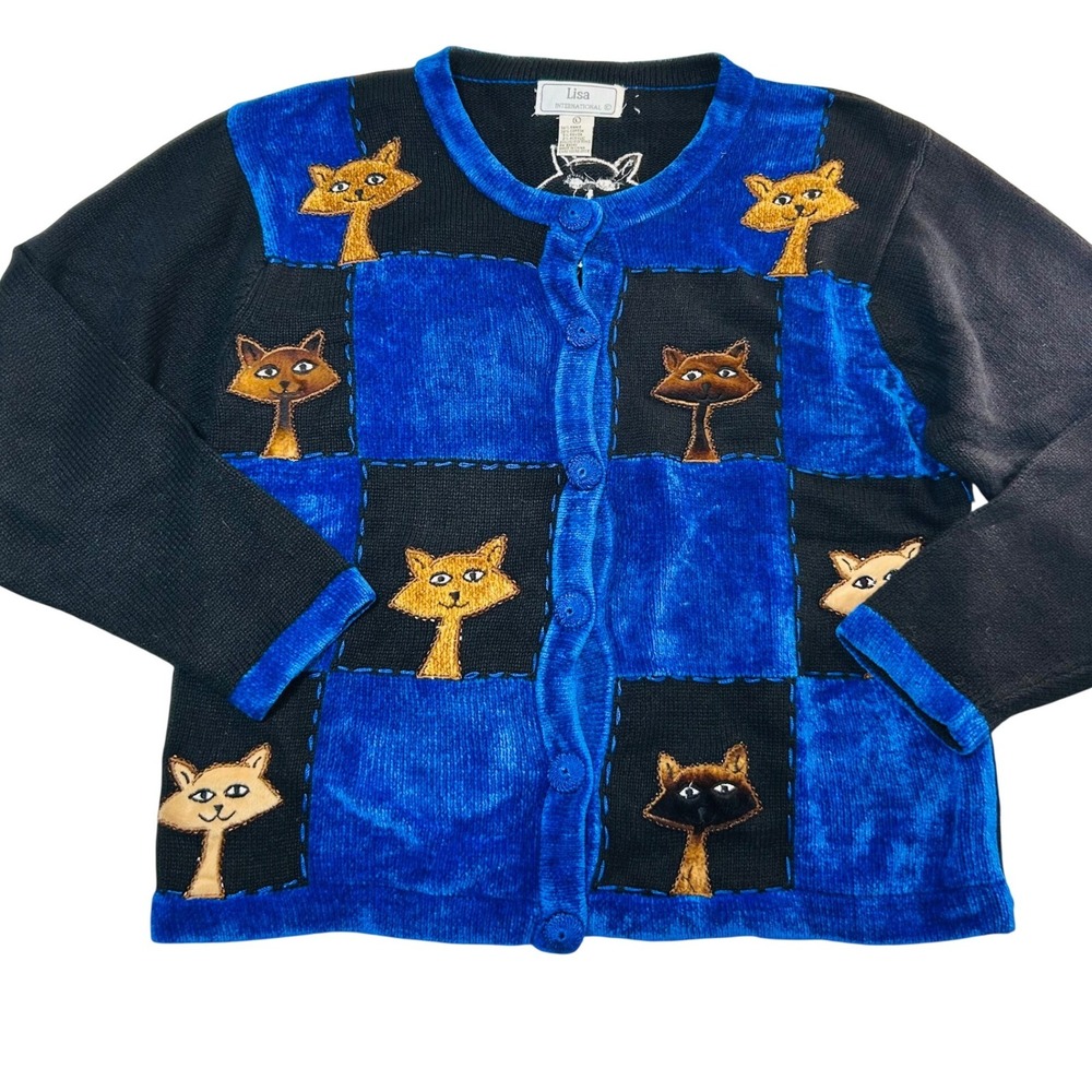 Lisa International Vintage Cat Patchwork Cardigan Blue Black Knit‎ Sweater Large